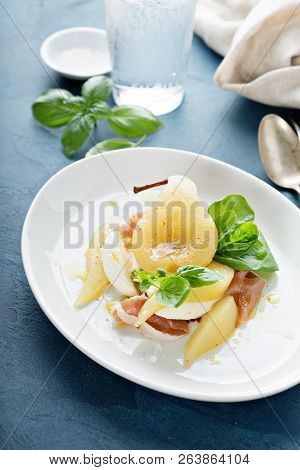 Poached Pear With Fresh Cheese And Proscuitto And Watercress, Fall Appetizer