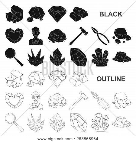 Precious Minerals Black Icons In Set Collection For Design. Jeweler And Equipment Vector Symbol Stoc