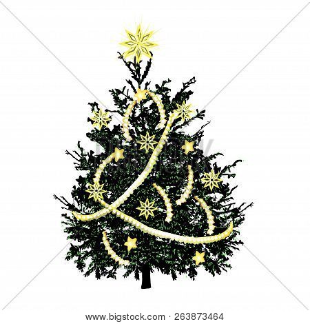 Christmas Fir-tree With Yellowish Needles And Gold Sparks, The Color Vector Drawing On A White Backg