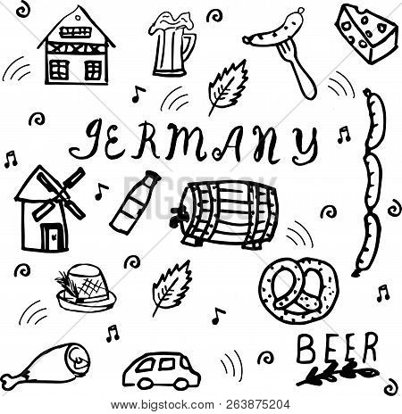 Hand Drawn Doodle Style Set Of Germany Elements. Vector Illustration . Sketchy Elements.