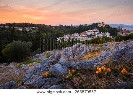 Evening View Of The National Observatory On The Hill Of Nymphs In Athens, Greece.