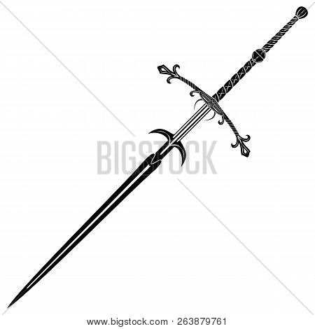 Vector Image Of A Two-handled Knightly Sword. Long Blade. Weapon Of The Medieval Fantastic King. The