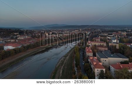 Uzhhorod Aerial Panorama View Feat. Houses Of River Uzh In Skyline With Wide Panoramic Birds Eye Vie