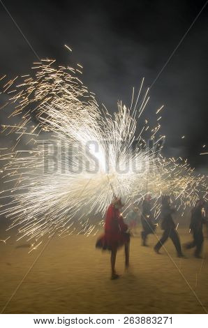 Amazing Rain Of Fire At Catalonian Traditional Fest Called Correfoc