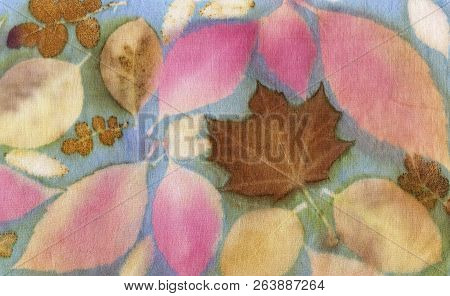 Botanical Print With Leaf Prints On Natural Silk. Hand-drawn Illustration.10