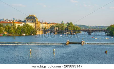 View To Vitava River From Charles Bridge In Prague, Beautiful Summer Day