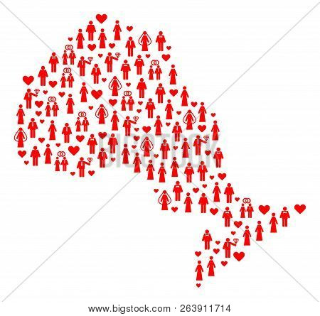 Collage Map Of Ontario Province Formed With Red Married Men And Women. Vector Lovely Geographic Abst