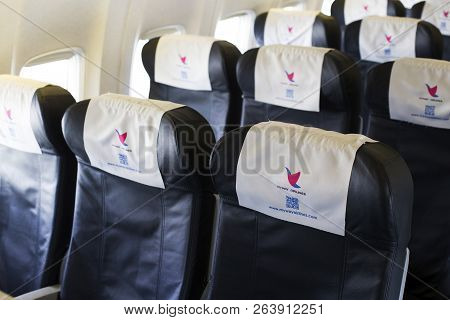 Borispol, Ukraine - October 05, 2018: Empty Economy Class Seats In The Cabin Of The 4l-mwa Myway Air