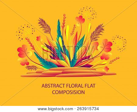 Abstract Floral Flat Composition With Plants And  Stones In Autumn Colors Or  Ikebana  For Greeting 