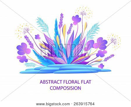 Abstract Floral Flat Composition With Plants And  Stones In Lilac Blue On White  Or  Ikebana  For Gr