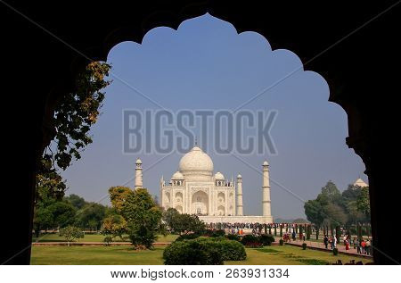 View Of Taj Mahal Complex Framed With An Arch, Agra, Uttar Pradesh, India. It Was Commissioned In 16