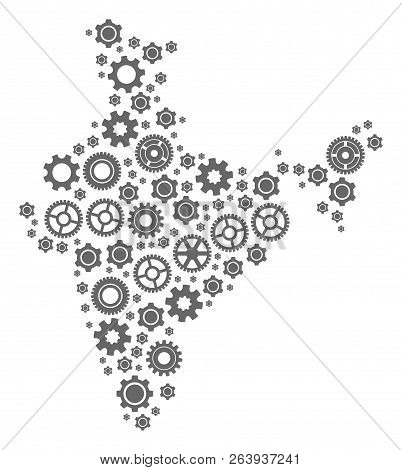 Map Of India Composed With Gray Engine Symbols. Vector Abstract Mosaic Of Map Of India With Mechanic