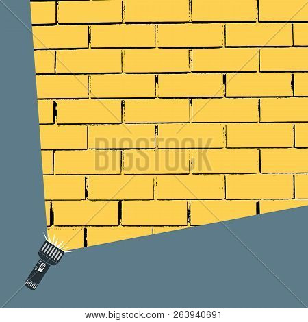 Flat Vector Design Of Hand Flashlight And Projection Round, Yellow Light Beam On On Brick Wall. Illu