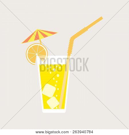 A Glass Of Lemonade, A Soda With Ice And A Cocktail Umbrella. Lemon Juice. A Glass Of Lemon Or Orang