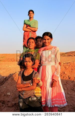 Khichan, India - February 12: Unidentified Kids Play Near Water Reservoir On February 12, 2011 In Kh