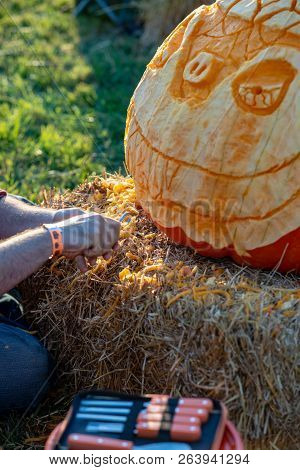 Chadds Ford, Pa - October 18: Person Carving Pumpkin At The Great Pumpkin Carve Carving Contest On O
