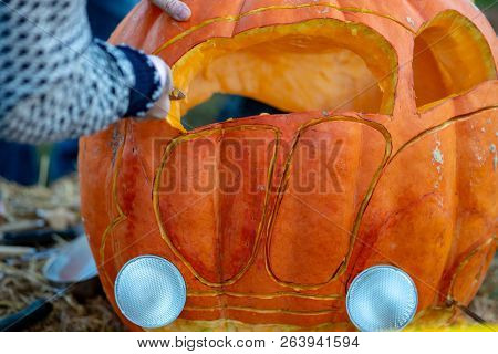 Chadds Ford, Pa - October 18: Person Carving Pumpkin At The Great Pumpkin Carve Carving Contest On O