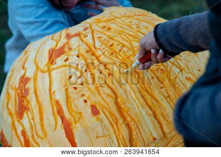 Chadds Ford, Pa - October 18: Person Carving Pumpkin At The Great Pumpkin Carve Carving Contest On O