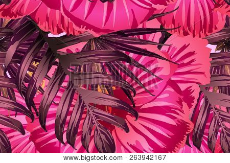 Pink Red Exotic Pattern. Monstera Leaves And Hibiscus Flowers In Summer Print.  Saturated Large Flor