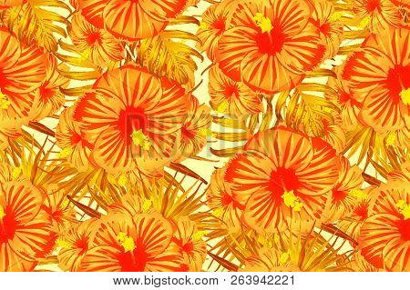 Orange Yellow Exotic Pattern. Monstera Leaves And Hibiscus Flowers In Summer Print.  Hawaiian T-shir