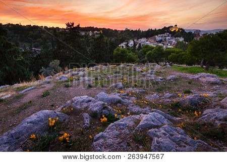 Evening View Of The National Observatory On The Hill Of Nymphs In Athens, Greece.