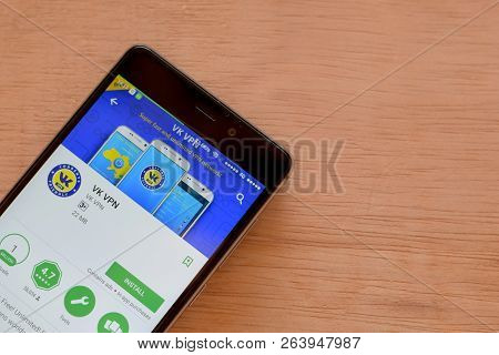 Bekasi, West Java, Indonesia. October 19, 2018 : Vk Vpn Dev App On Smartphone Screen. Vk Vpn Is A Fr