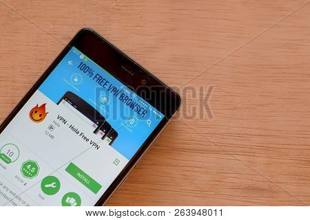 Bekasi, West Java, Indonesia. October 19, 2018 : Vpn - Hola Free Vpn Dev App On Smartphone Screen. V