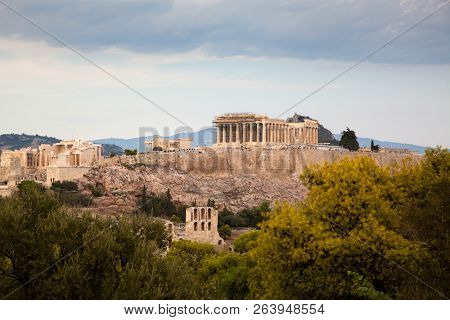 athens seen from Philopapou hill with views to Herodium , Acropolis and the Parthenon, Attica, Greece