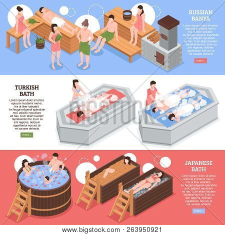 Japanese Russian And Turkish Bath Houses Set Of Horizontal Isometric Banners On Colorful Background 