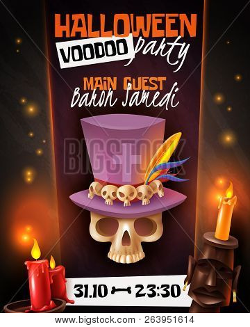 Halloween Voodoo Party Announcement Invitation Poster With Skull In Hat Mask Candles Light Black Bac