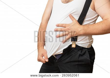 A Man With A Big Belly Shows His Size With His Hands.