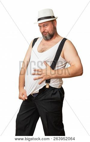 A Man With A Big Belly Shows His Size With His Hands.