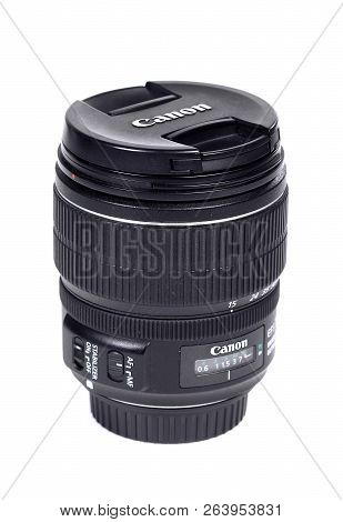 Novyy Urengoy, Russia - October 18, 2018: Zoom Lens Canon Ef 15-85mm F/3.5-5.6 Usm Isolated Over Whi
