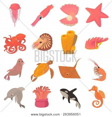 Ocean Animals Fauna Icons Set. Cartoon Illustration Of 16 Ocean Animals Fauna Icons For Web