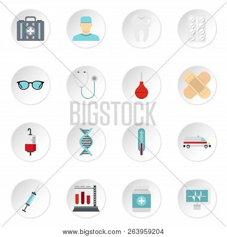 Medicine Icons Set In Flat Style. Medical Care Set Collection Icons Set Illustration