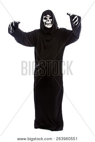 The Grim Reaper Or Death Halloween Costume Isolated On A White Background.  The Skeleton Is Wearing 