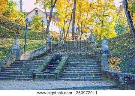 Old Casttle Park At Autumn. Yellow Leafs, Ruins And Architecture. Historic Buildings. Travel Photo 2