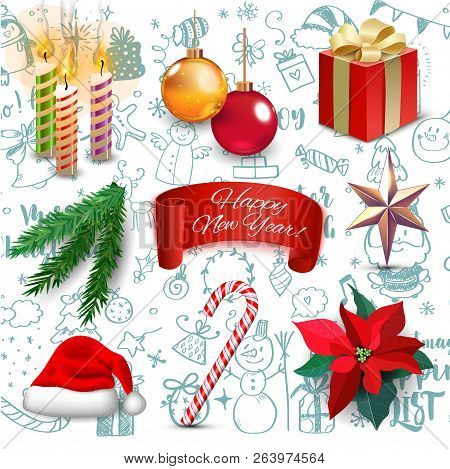 Christmas New Year Holiday Decoration Realistic Icons Set Vector Illustration. Background With Megas