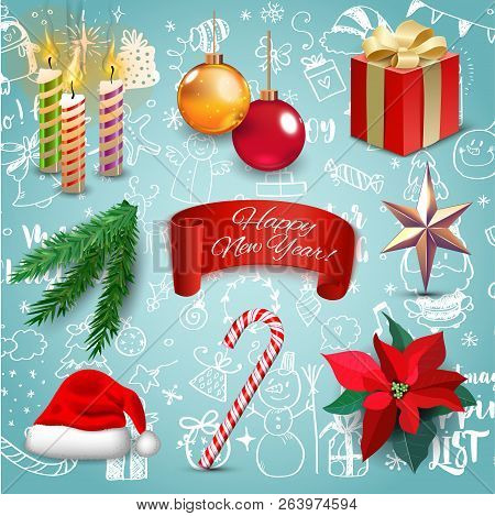 Christmas New Year Holiday Decoration Realistic Icons Set Vector Illustration. Background With Megas