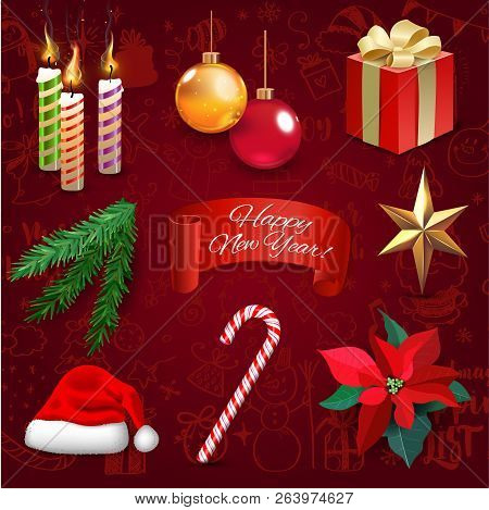Christmas New Year Holiday Decoration Realistic Icons Set Vector Illustration. Background With Megas