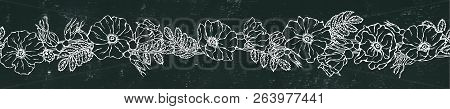Endless Brush Border With Wild Roses. Summer Flowers Greeting Card Or Wedding Background. Hand Drawn