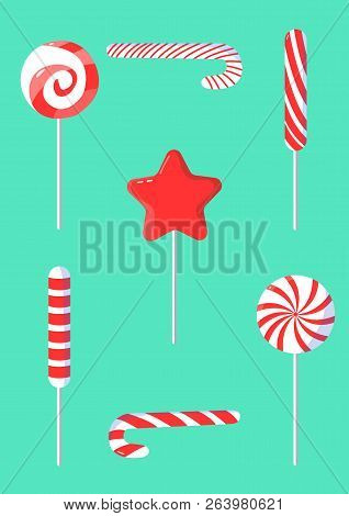 Christmas Set Of Candy Cane In Modern Flat Design.