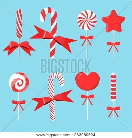 Christmas Set Of Candy Cane With Bows In Modern Flat Design.holiday Decoration Perfect For Posrcard,