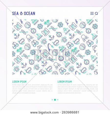 Sea And Ocean Journey Concept With Thin Line Icons: Sailboat, Fishing, Ship, Oysters, Anchor, Octopu