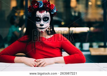 Portrait Of A Girl In The City With A Make-up, Make-up For Halloween, Day Of The Dead, Zombies. Dead