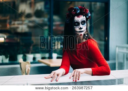 Portrait Of A Girl In The City With A Make-up, Make-up For Halloween, Day Of The Dead, Zombies. Dead