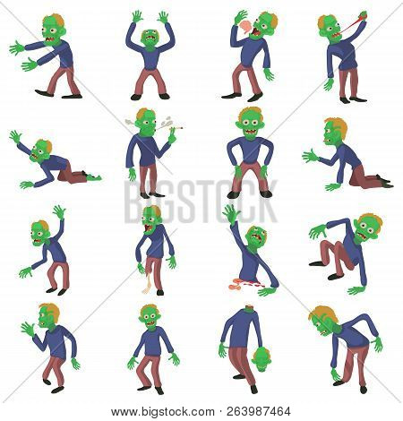 Zombie Poses Icons Set. Cartoon Illustration Of 16 Zombie Poses Icons For Web