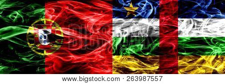 Portugal Vs Central African Republic Smoke Flags Placed Side By Side. Thick Colored Silky Smoke Flag
