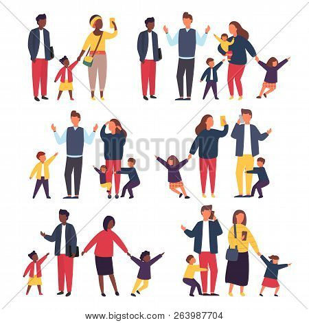 Family With Kids. Busy And Tired Parents With Naughty Children. Vector Illustration