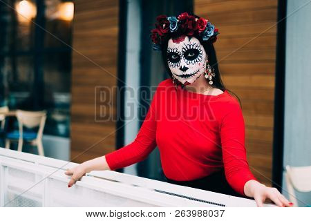 Portrait Of A Girl In The City With A Make-up, Make-up For Halloween, Day Of The Dead, Zombies. Dead